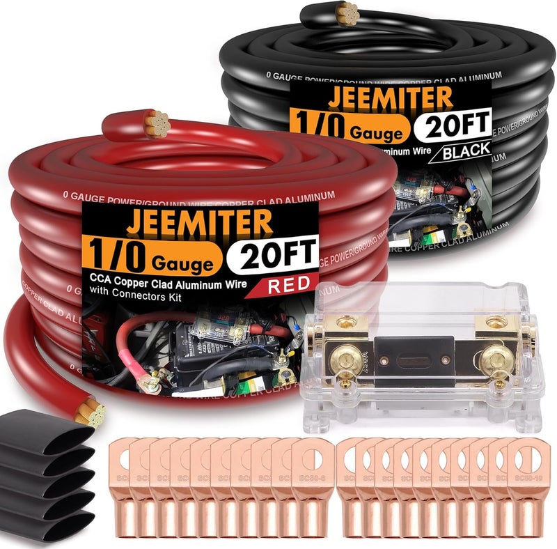Jeemiter 1/0 Gauge CCA Wire Kit with ANL Fuse - 40ft Total (20ft Red+Black) Car Amplifier Power Ground Cable, Complete Amp Install & Big 3 Upgrade Kit - Image 1